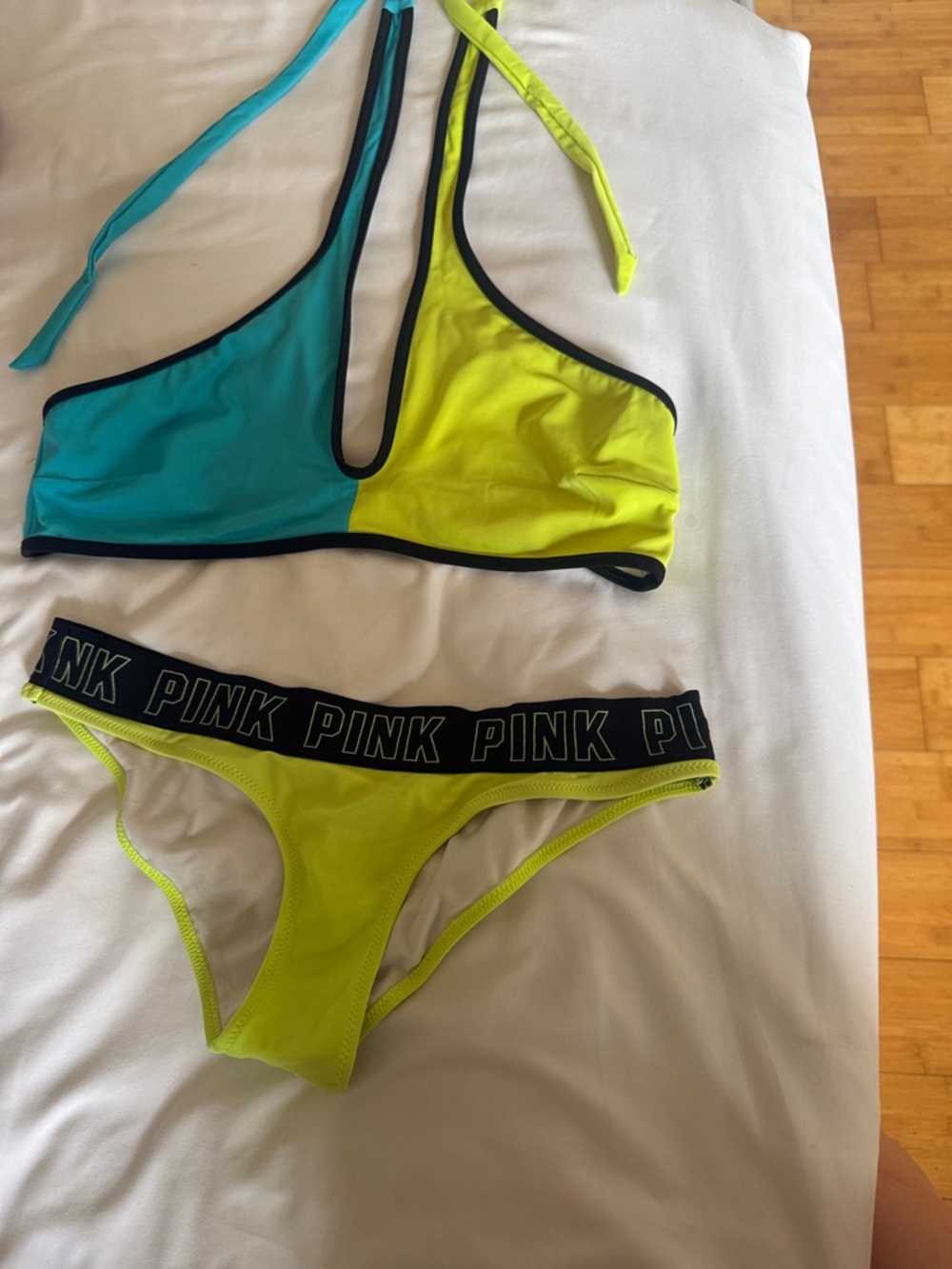 PINK Two-Tone Neon Bikini Set in Turquoise and Neon Yellow